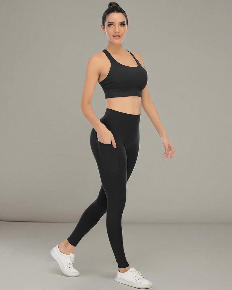 YOUNGCHARM 4 Pack Leggings with Pockets - High Waisted Tummy Control Yoga Pants (Black/Black/Black/Black+Large)