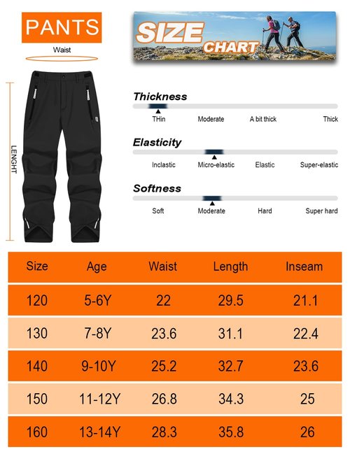 Kids Hiking Pants Waterproof Quick Dry Boys Camping Cargo Pant Lightweight Softshell Uniform Pants for Kid Girls Black
