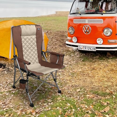 LANMOUNTAIN Moca-Padded Folding Camping Chair with Hard Armrest & Cup Holder, Heavy Duty Support up to 400lbs