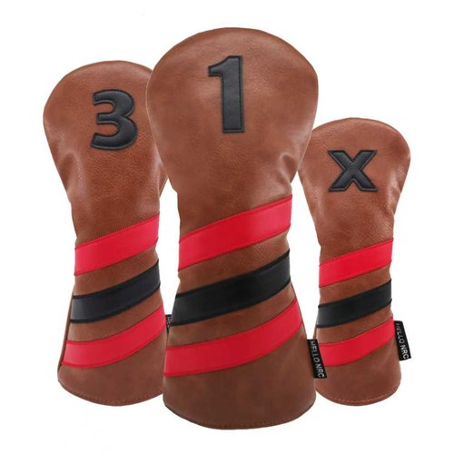 Forenee Golf Club Head Covers for Fairway Wood Hybrid, 3 Pack Brown Golf Accessories, Diver Headcover Set Numbered 1,3,X, PU Leather Exterior & Plush Lined for Extra Protection