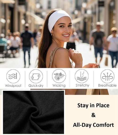 Huachi Headbands for Women - Non-Slip 16 Pack Elastic Sports Hair Bands | Soft Cotton for Yoga & Workouts - Black, White, Gray