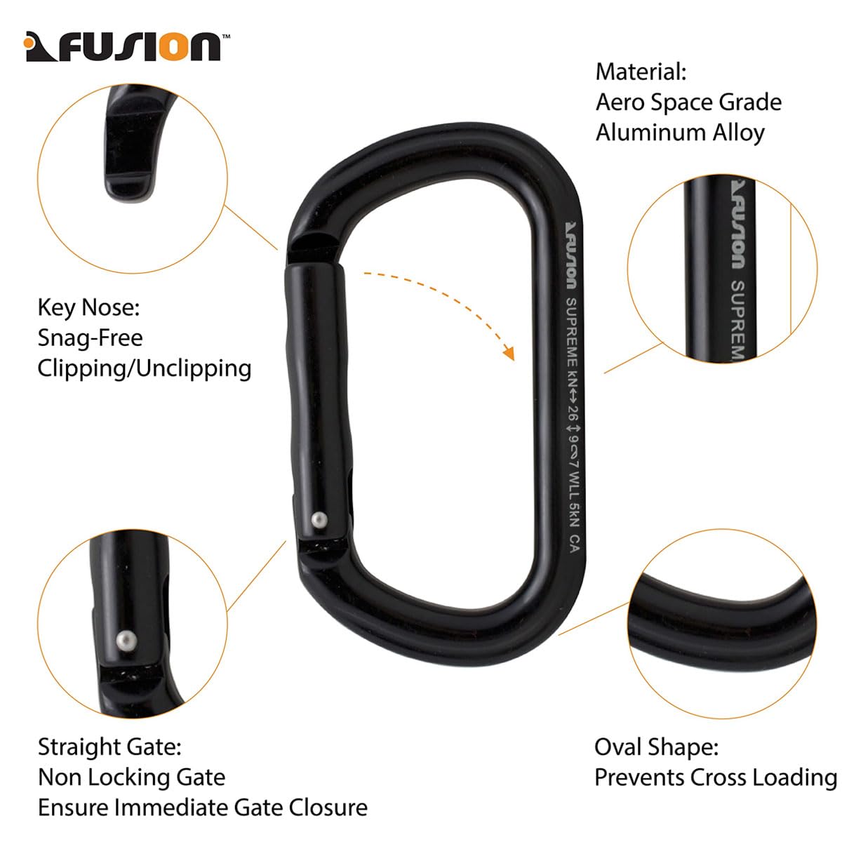 Straight Gate Carabiner - Black, Supreme Oval-Shaped (FP-9318-3-STK-BLK)