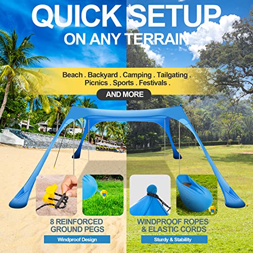 Buheco 10x10ft Blue Beach Tent Sun Shelter with 4 Sandbags, UV Waterproof Canopy