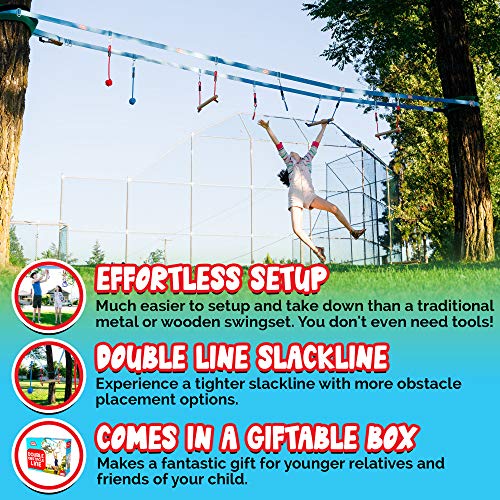 Blue 80 Ft Double Ninja Slackline Obstacle Course with Monkey Bars for Kids