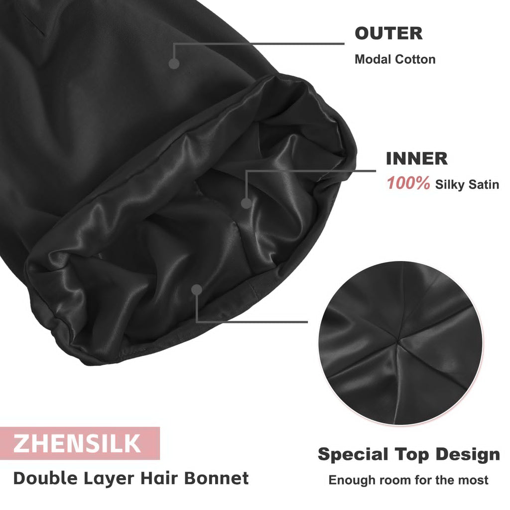 Silk Bonnet for Sleeping Women, Adjustable Silky Satin Lined Sleep Cap, Silk Hair Wrap for Sleep Night Cap for Natural Curly Hair 2PCS(Black&Navy Blue)