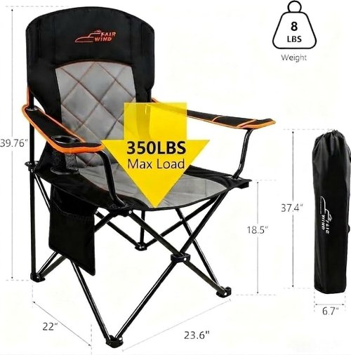 Fair Wind Heavy Duty Camping Chair - 350LBS Capacity, Fully Padded with Cup Holder & Side Pocket | 2 Pack