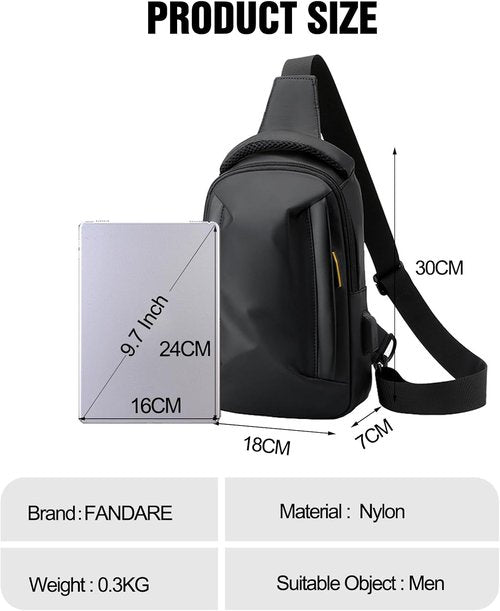 FANDARE Men’s Crossbody Sling Bag - Compact USB-Enabled Messenger Pack for Hiking & Travel | Black Nylon