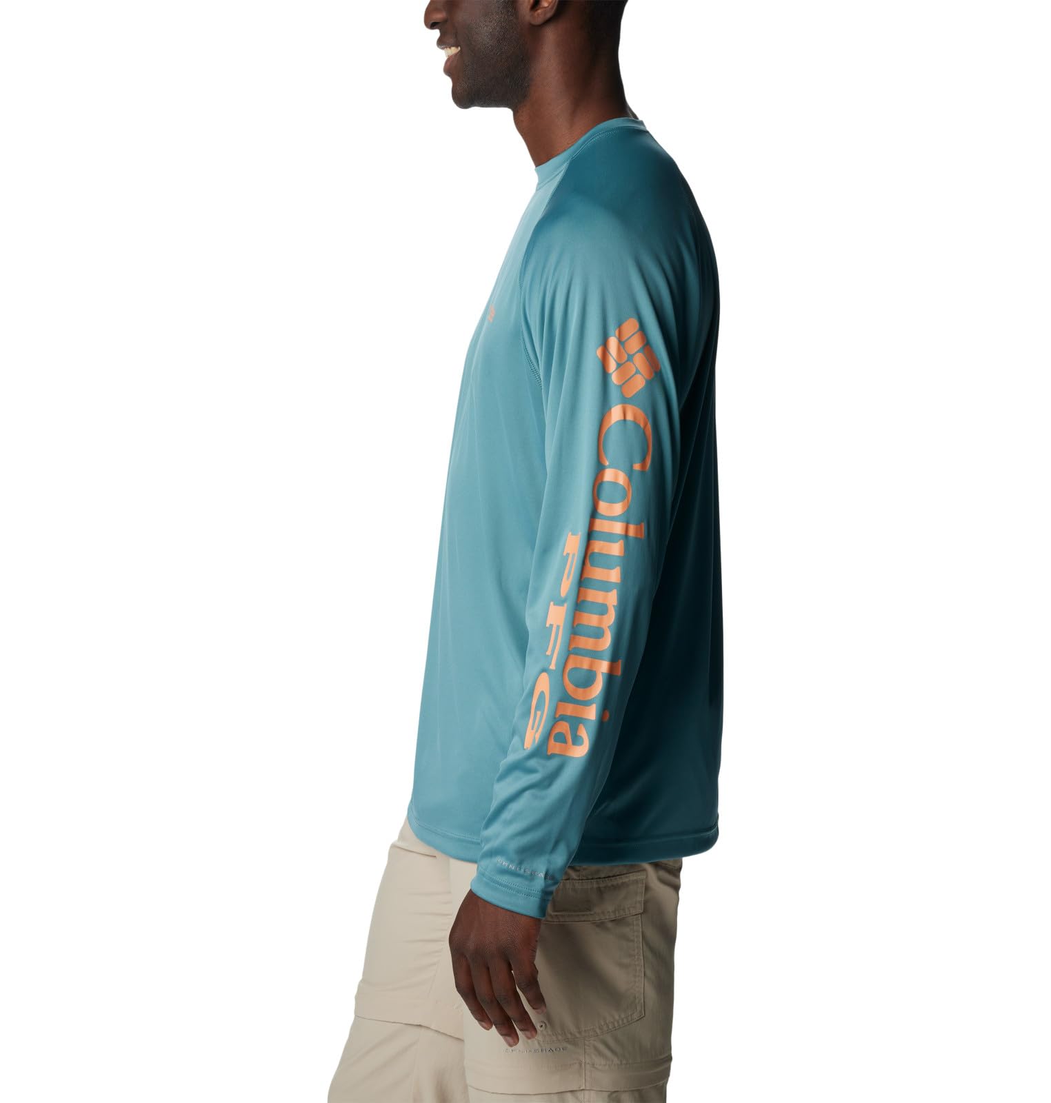 Columbia Men's Terminal Tackle Long Sleeve Fishing Shirt, Tranquil Teal/Orange Reef Logo, Large