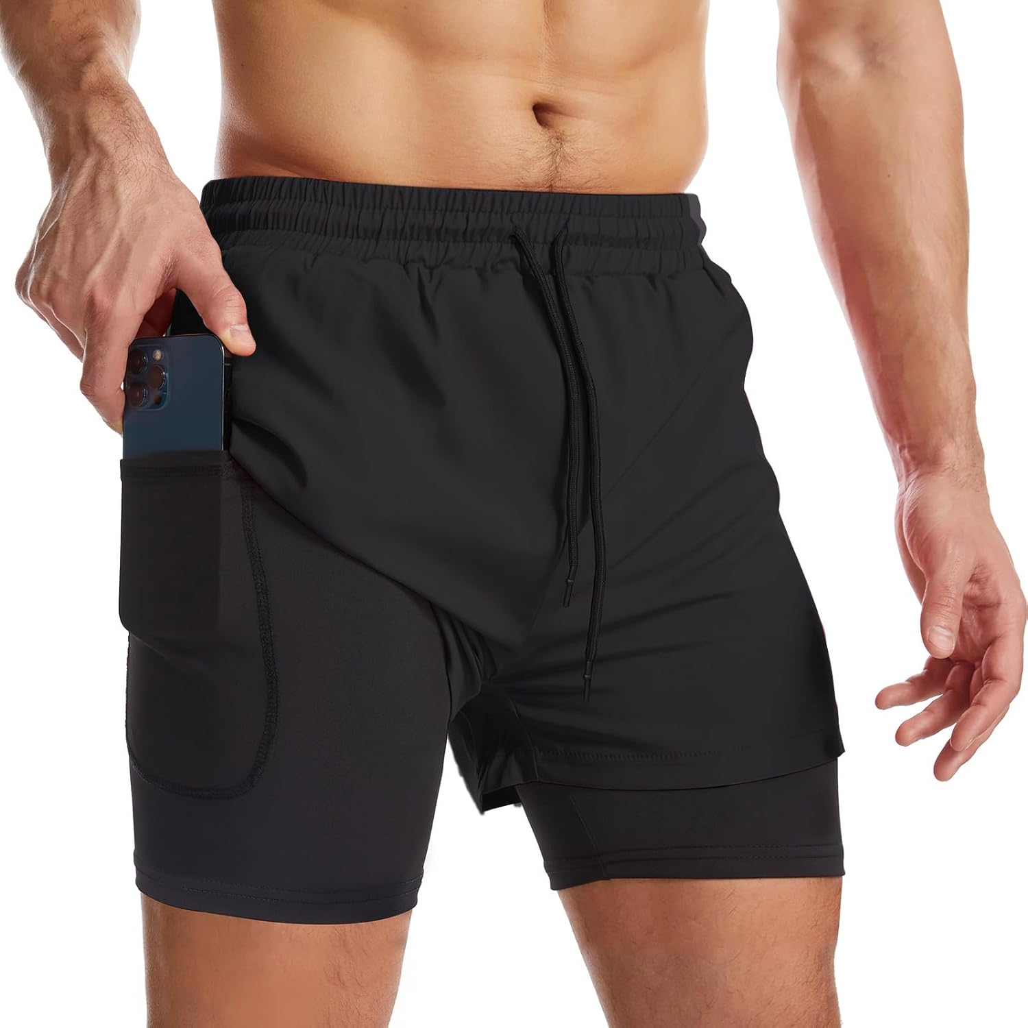 Surenow Men's 2-in-1 Running Shorts - Quick Dry Athletic Shorts with Zip Pockets & Towel Loop
