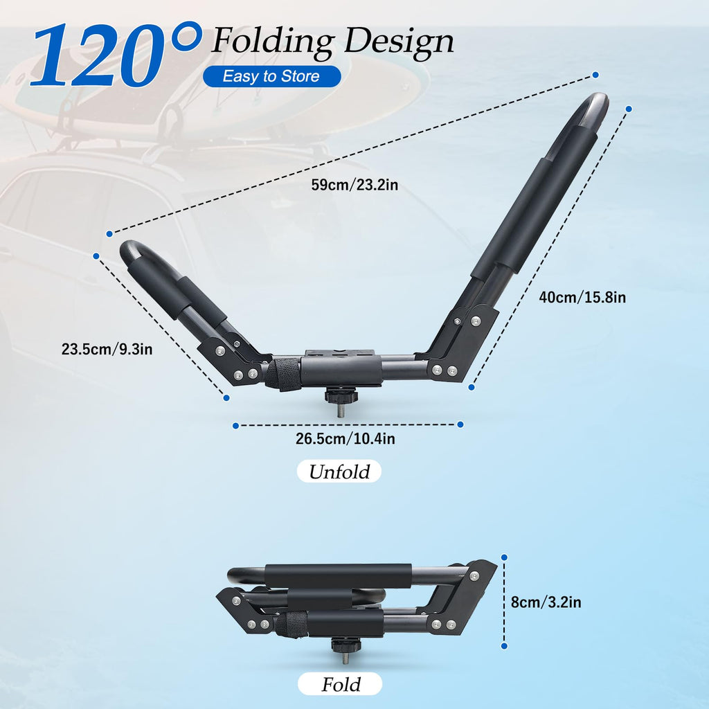 SUDOO Folding Kayak Roof Rack 1 Pair 2pcs Foldable J-Bar Heavy Duty Kayak Carrier Universal Fit for Square Oval Factory Crossbars for Kayaks Canoes Surfboards Ski Boards