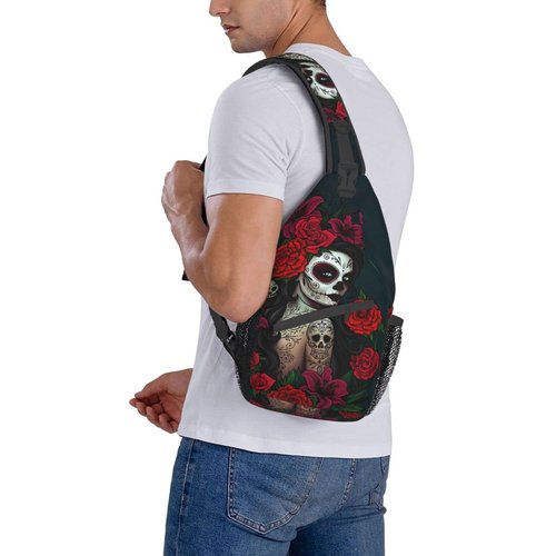 KMIVQGE Sugar Skull Rose Crossbody Backpack for Travel Hiking Chest Daypack Shoulder Sling Bag for Men Women Cycling Walking