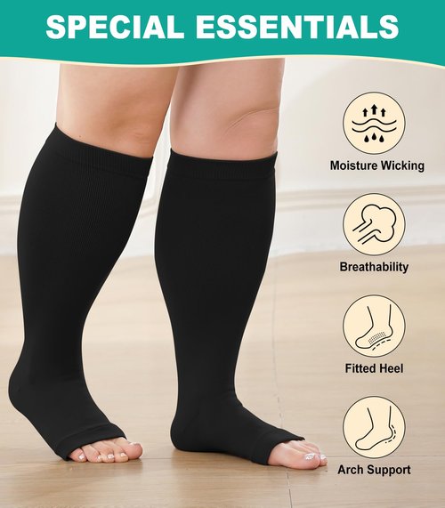 BODALA Plus Size Compression Socks: Wide Calf Compression Toeless Stockings for Men Women - Open Toe 20-30 mmHg Compression Hose Support for Travel Nurses 3XL Multi