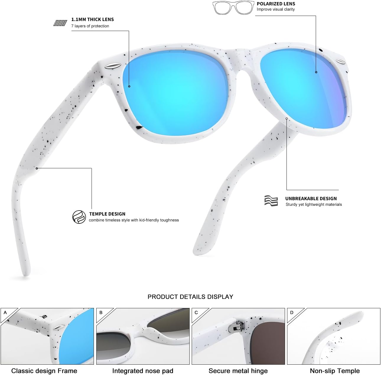 Skiennix Kids Polarized Sunglasses - Retro UV Protection Shades for Boys & Girls