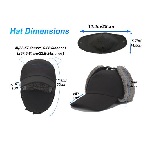 Trapper Hat for Men Women Waterproof Winter Warm Baseball Cap with Ear Flaps and Mask Black