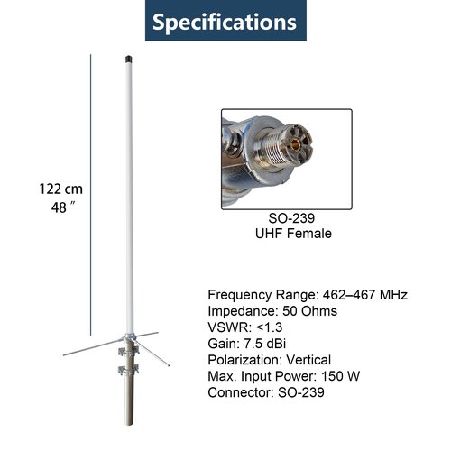 GMRS Base Antenna 462-467MHz with 32ft Cable - High Gain 7.5dBi Fiberglass Base Station Antenna for GMRS Repeater & Mobile Radio, UHF Female (SO-239) Connector