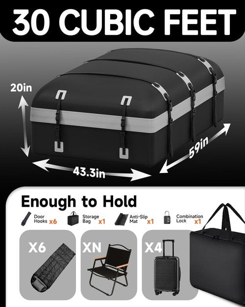 Car Rooftop Cargo Carrier Bag - 30 Cubic Feet Waterproof Soft-Shell Luggage with Straps & Hooks