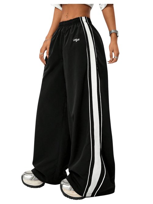 GORGLITTER Women's Baggy Sweatpants Track Pants Joggers Y2k Bottoms Wide Leg Striped Oversized Sweat Pants Streetwear Black Medium
