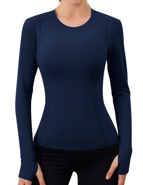 Loovoo Compression Shirts Women Workout Quick Dry GMY Top Long Sleeve Running Tops Sport and Athletic Tee Shirt Navy Blue