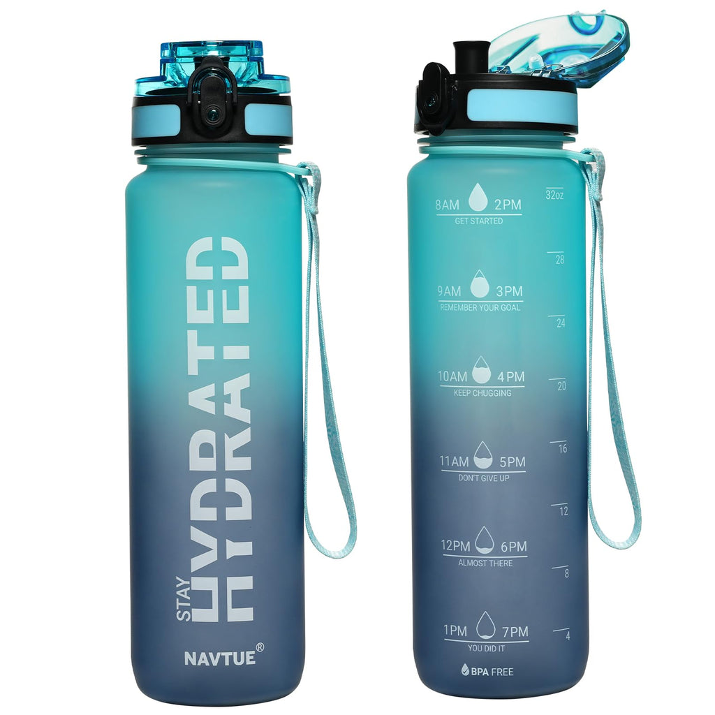 NAVTUE Water Bottle, 32oz Sports Water Bottles with Time Marker Wide Mouth, Motivational and Leakproof Drink Bottle, BPA Free Tritan with Carry Strap for Gym Fitness Outdoor(Direct Drink)