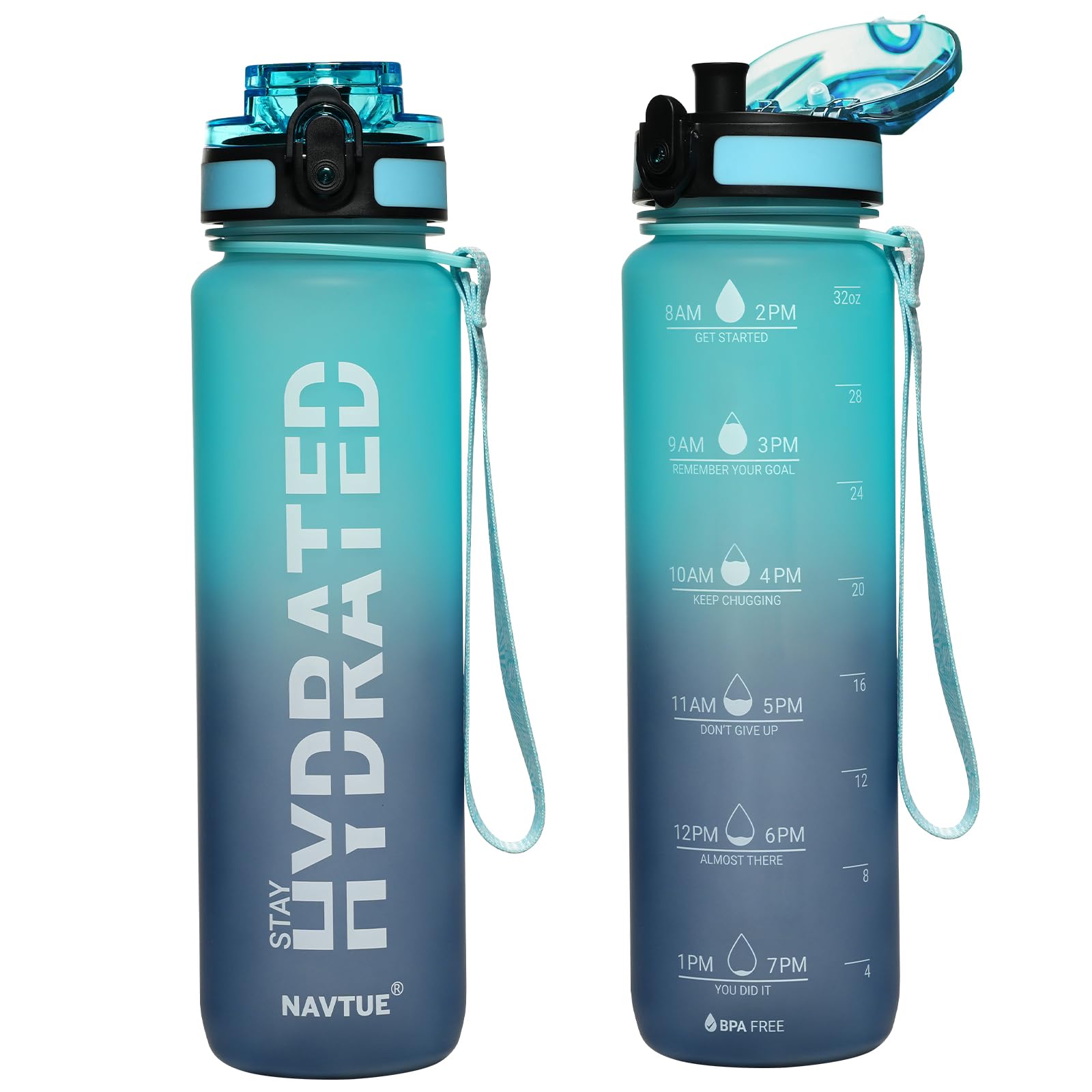 NAVTUE Water Bottle, 32oz Sports Water Bottles with Time Marker Wide Mouth, Motivational and Leakproof Drink Bottle, BPA Free Tritan with Carry Strap for Gym Fitness Outdoor(Direct Drink)