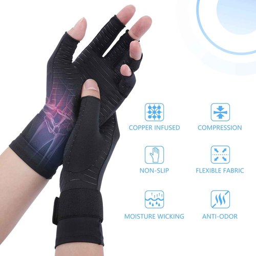 Tikaton Copper Infused Compression Arthritis Gloves with Wrist Strap for Hand Pain, Carpal Tunnel, Tendonitis, Swelling, Crocheting, Typing, Fits Women & Men (Small/Medium, 1 Pair)