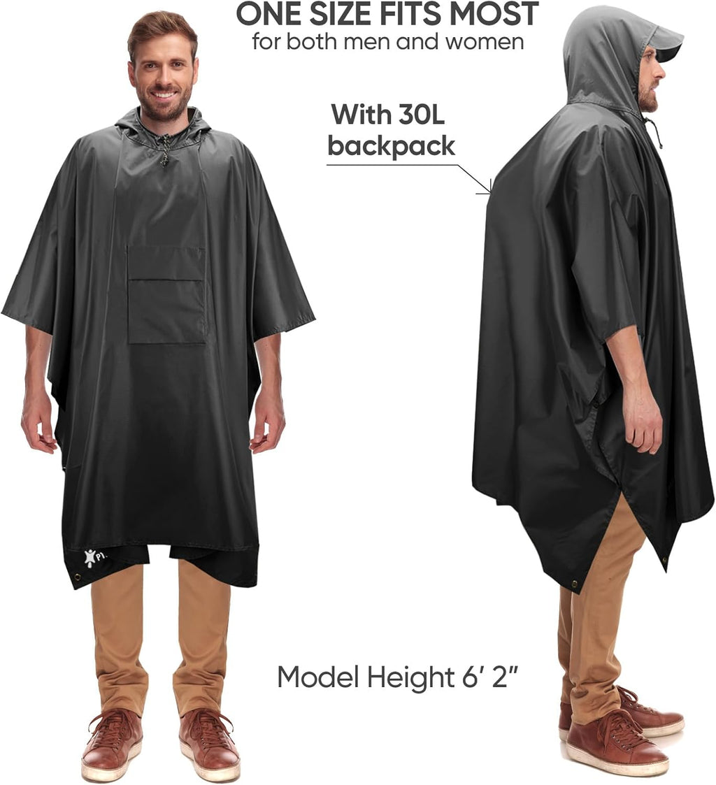 PTEROMY 3-in-1 Hooded Rain Poncho - Waterproof Lightweight Unisex Raincoat for Hiking & Camping