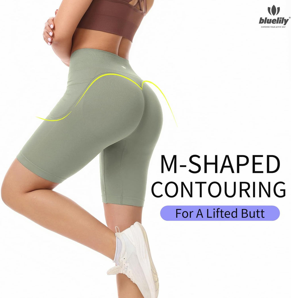 BLUELILY Women's Biker Shorts - 3 Pack High Waisted Tummy Control with Pockets | Seamless Workout Shorts