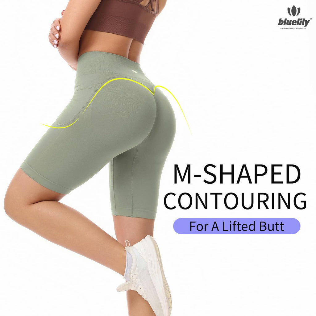 BLUELILY 3 Pack Women's Biker Shorts with Pockets 5" 8" Seamless High Waisted Tummy Control Workout Shorts for Running Gym