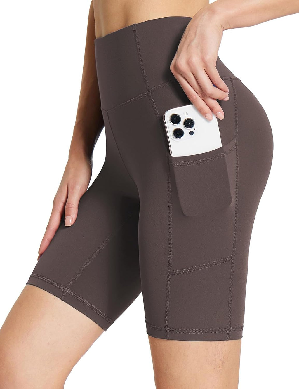 Baleaf Women's High-Waisted Spandex Biker Shorts - 8" Compression Workout Shorts with Pockets in Brown