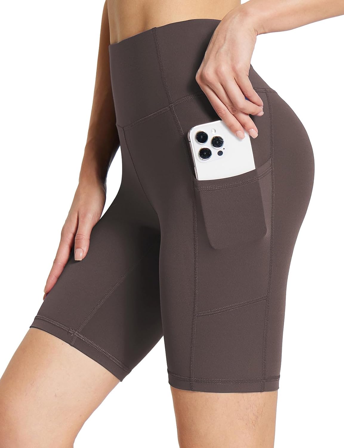 Baleaf Women's High-Waisted Spandex Biker Shorts - 8" Compression Workout Shorts with Pockets in Brown