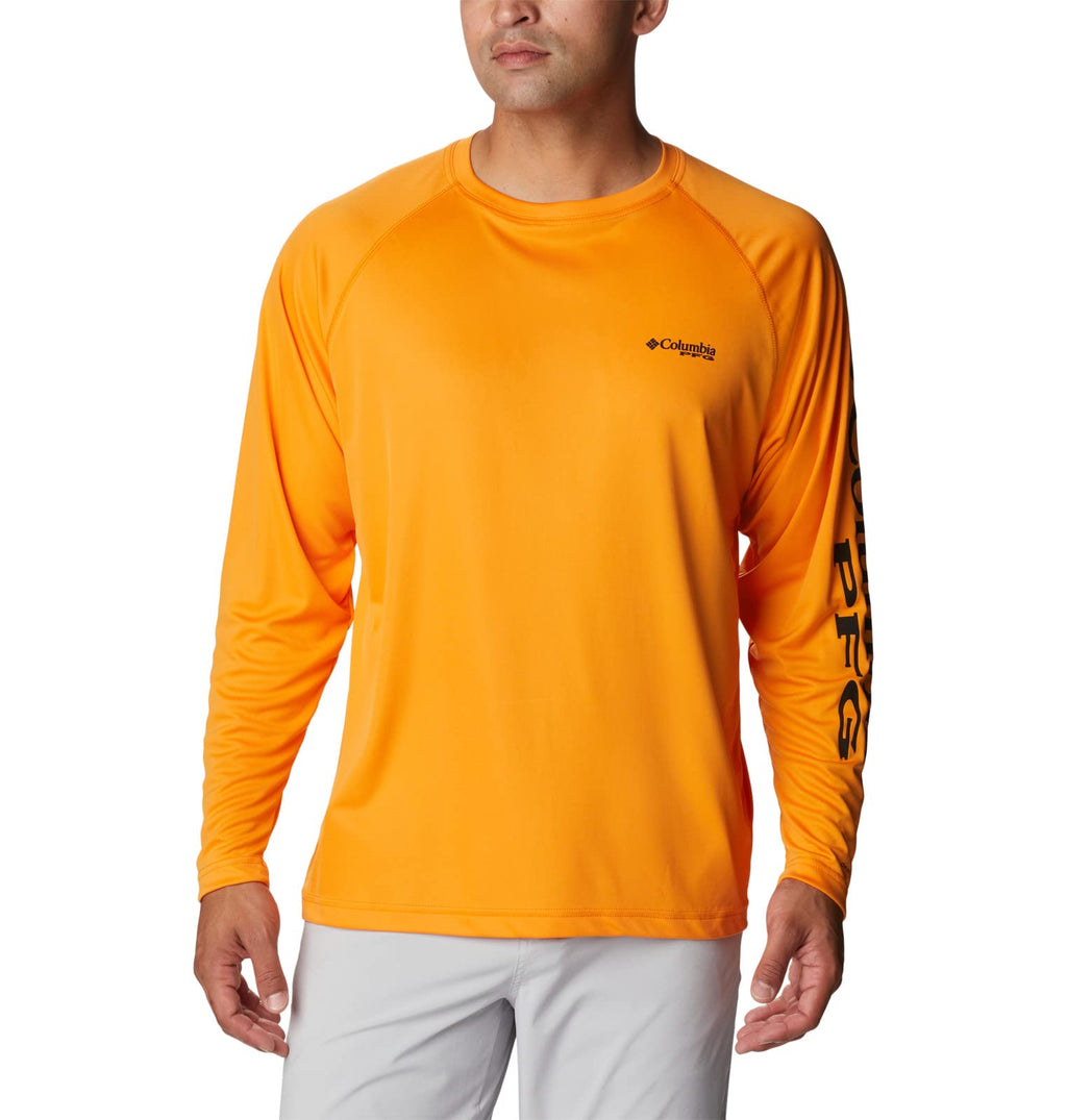 Columbia Men's Terminal Tackle Long Sleeve Shirt, Orange Blast/Black Logo, 1X Big