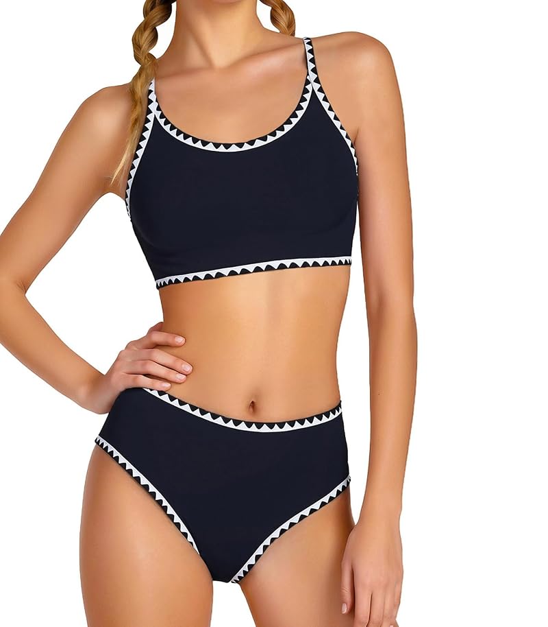 Girls 2-Piece Bikini Swimsuit Set with Removable Pads - Adjustable Straps, High-WWaisted Bottom, Black 13-14Y