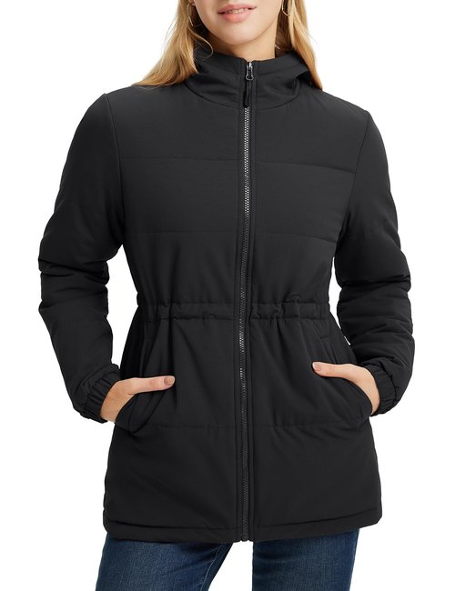 baleaf Women's Winter Coat Long Puffer Jacket Quilted Jackets with Hood Warm Running Insulated Hiking Snow Black XL