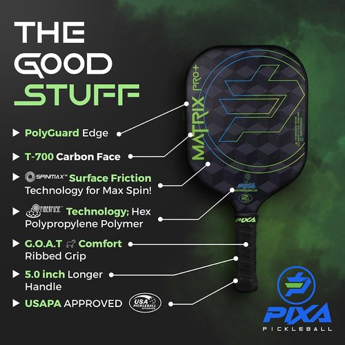 PIXA Matrix Pro Plus T-700 Carbon Face, 16mm, Friction Surface, Intermediate/Professional, Great Power, Control, Spin! USAPA Approved, Great Gift!