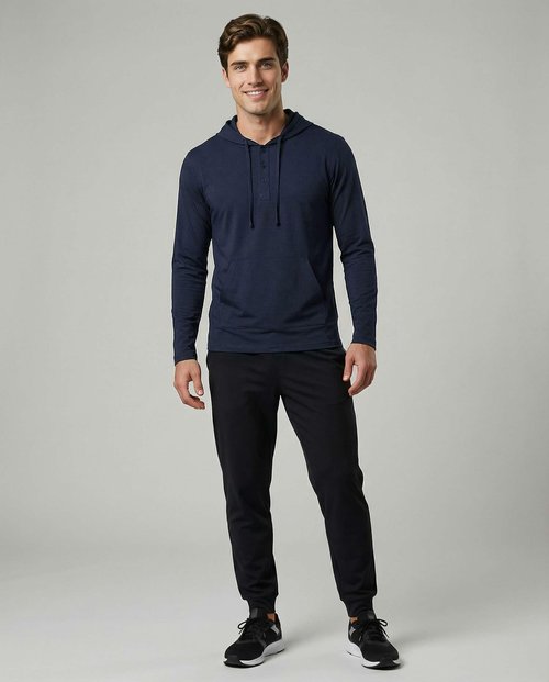 Real Essentials 3 Pack: Men's Cotton Henley Pullover Hoodie Lightweight Casual Long Sleeve Hooded Sweatshirt- Set 2, L
