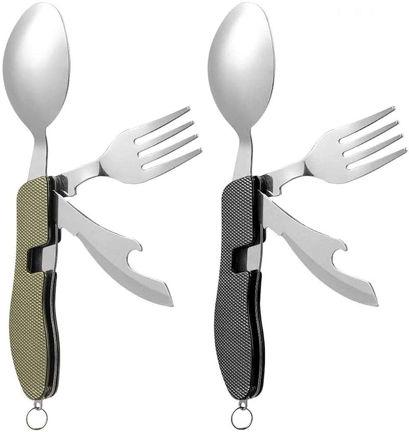 Caudblor 2-Piece Camping Utensil Set, 4-in-1 Stainless Steel Foldable Knife Fork Spoon