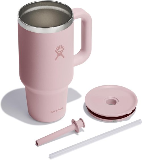 Hydro Flask Travel Tumbler - Insulated Stainless Steel with Handle, Lid & Straw | 32 Oz Tonal Trillium Pink