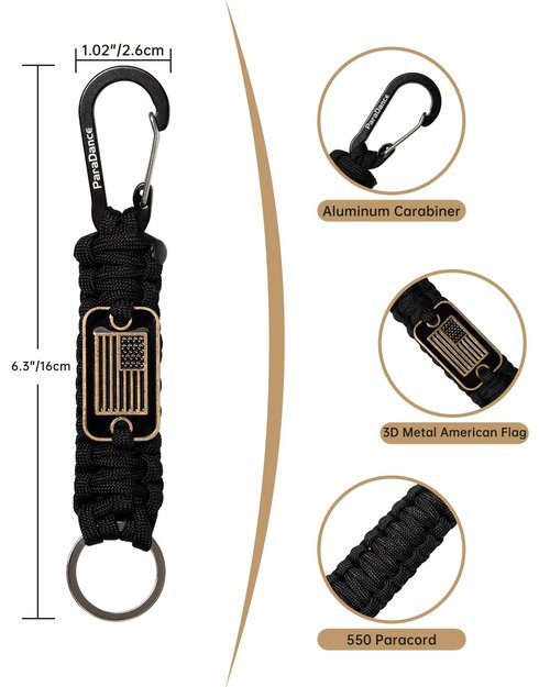 Paracord Keychain Carabiner with Cool USA Flag Men/Women, Military Braided Key Chain with Hook Clip Ring, Heavy Duty Key Lanyard for Car Keys/Backpack, Camping Hiking, 2-Pcs (Green & Camo)