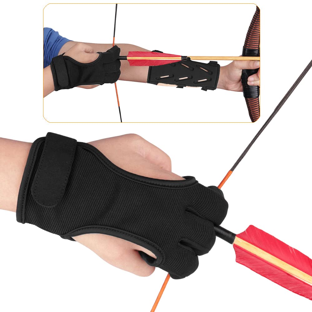 KRATARC Archery Lightweight Finger Tab Gloves & Arm Guard Adjustable Arm Protector for Hunting Target Shooting Accessory Recurve Bow Compound Bow (L)