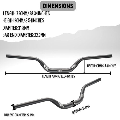Mixsuper Mountain Bike High Riser Handlebar 31.8mm Length 720mm Rise 90mm Aluminium Alloy MTB Handlebar Black