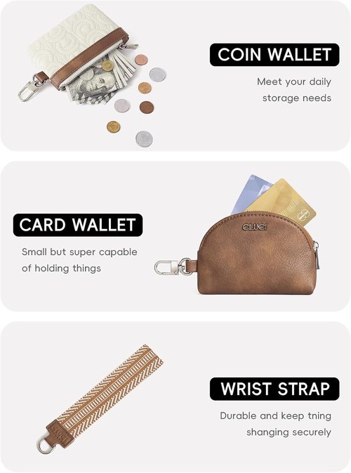 CLUCI Keychain Wallet - PU Leather Coin Purse with Detachable Dual Pouch - Beige & Brown