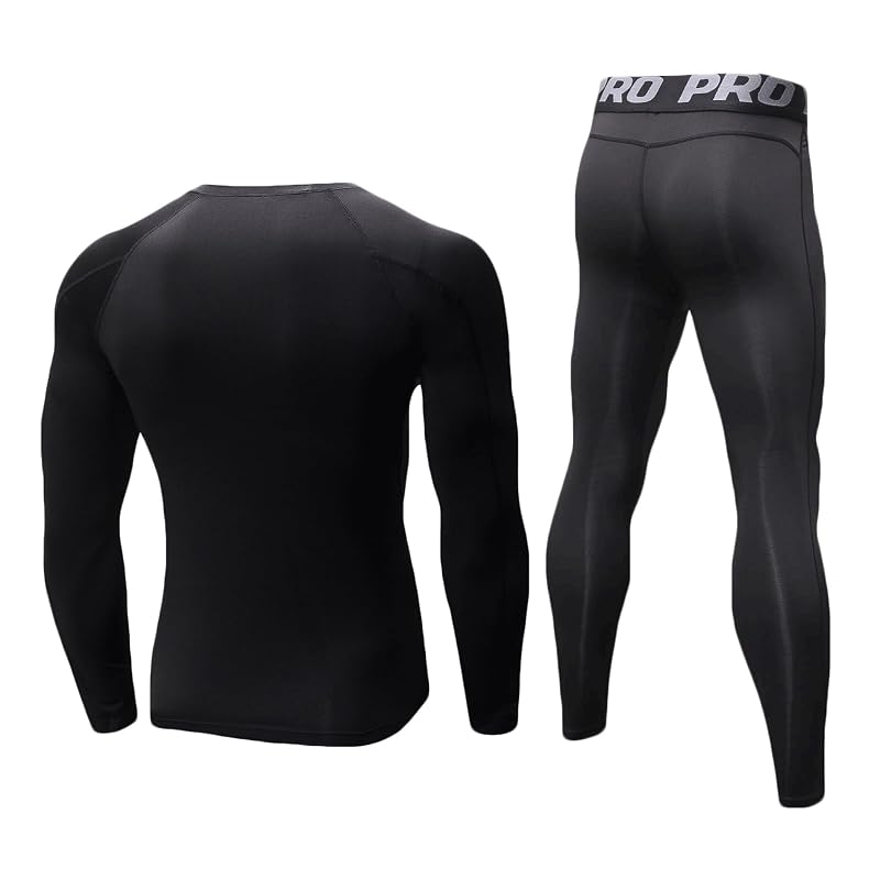 Men's Thermal Base Layer Set - Compression Shirt & Pants, 210 GSM Brushed Knit, Black, Large