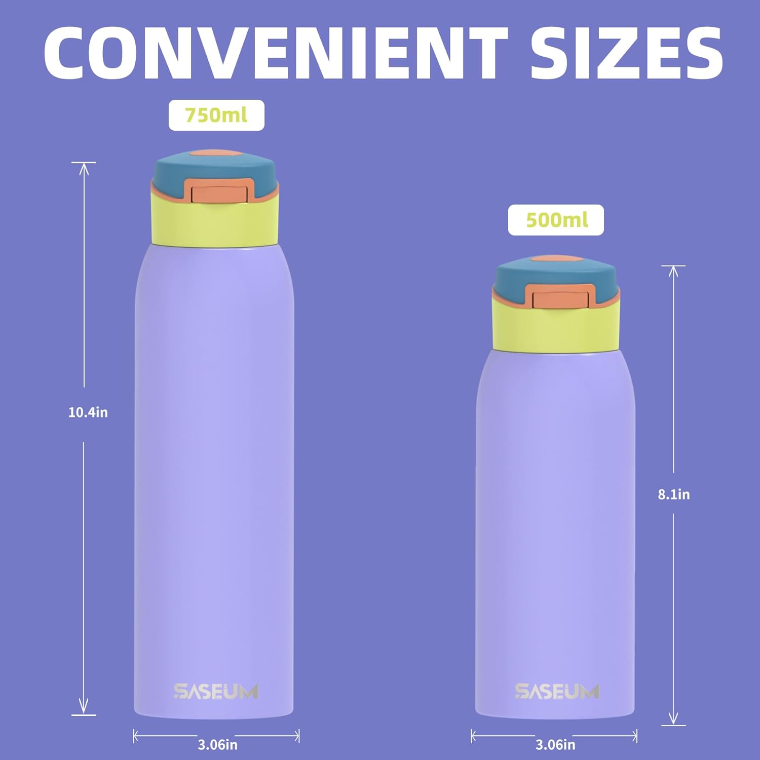 Saseum Water Bottle - 24 oz Double-Wall Insulated Stainless Steel | One-Click Open, BPA-Free