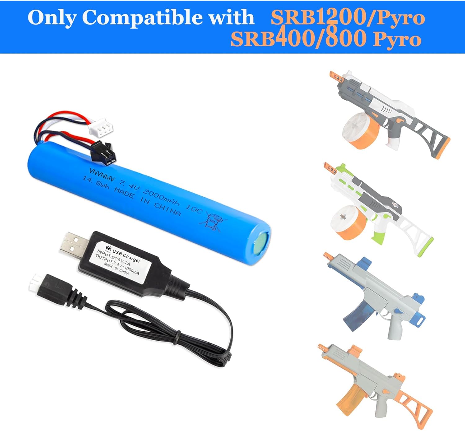 Splatrball 7.4V 2000mAh Rechargeable Battery - USB Charger Compatible with SRB1200 & 400 Gel Blasters