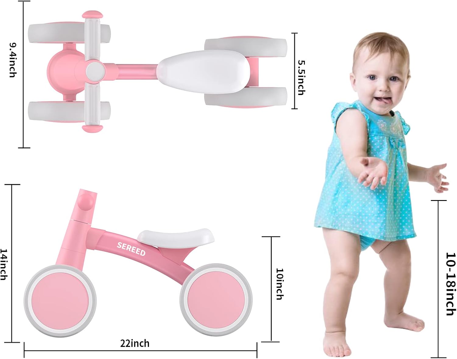 SEREED Baby Balance Bike - 4-Wheel Toddler Bike for 12-24 Months | Perfect First Birthday Gift