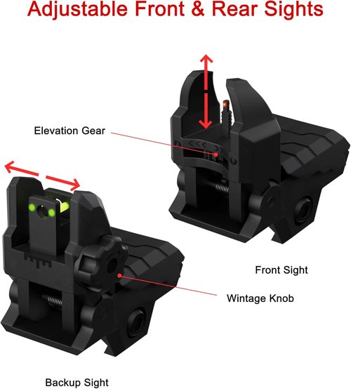 Flip Up Sights | Fiber Optic Red & Green Dot Sights - Adjustable Polymer Folding Set for Picatinny Rail