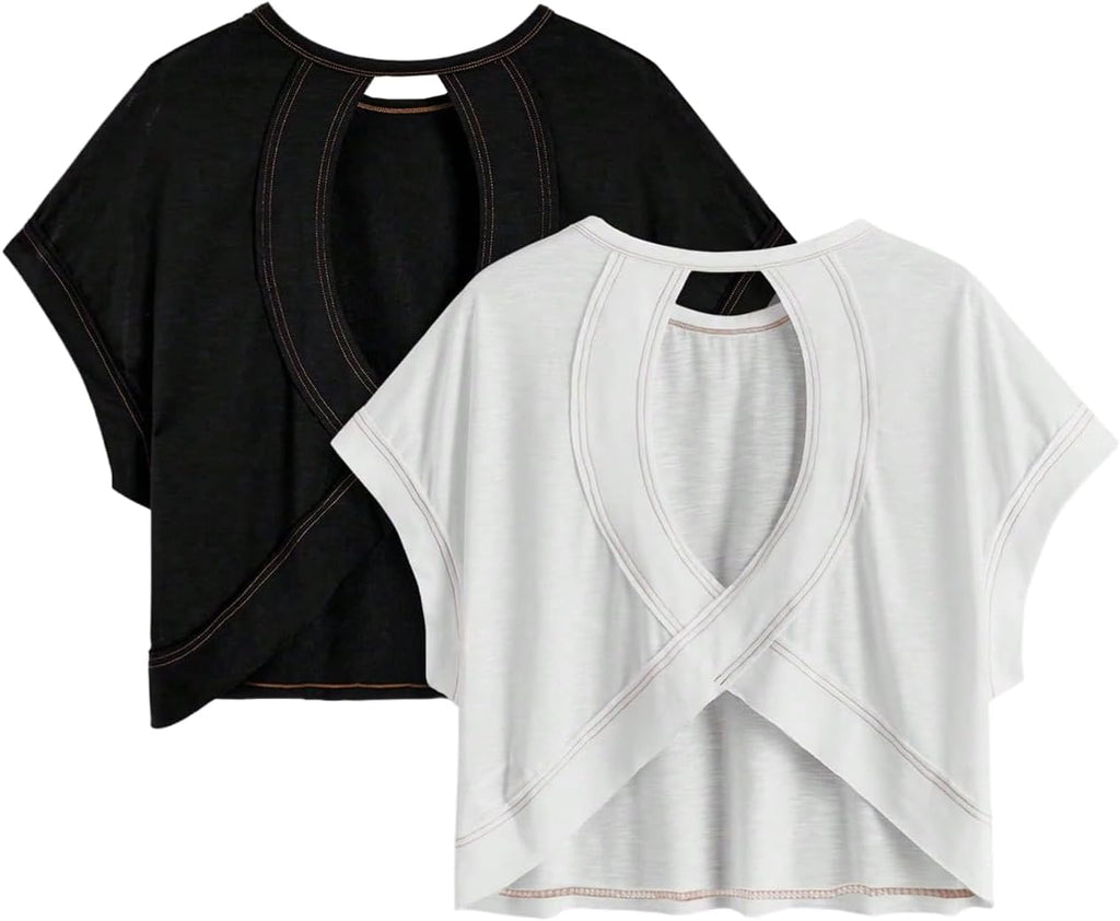 RoseSeek Girl's Backless Criss-Cross Short Sleeve Tops - Casual Crewneck Tees (2 Pack)