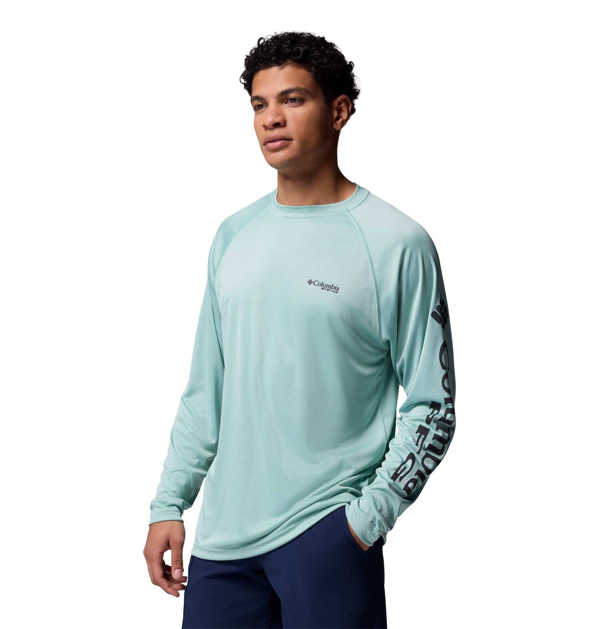 Columbia Men's PFG Terminal Tackle Long Sleeve Fishing Shirt, Misty Jade/Shark Logo, 3X