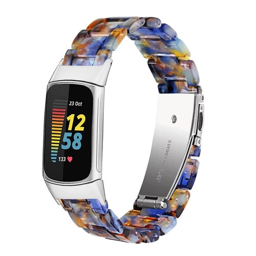 Omter Compatible with Resin Fitbit Charge 5 Band for Women Men Replacement Adjustable Wirstband Strap Bracelet(Flower Blue)