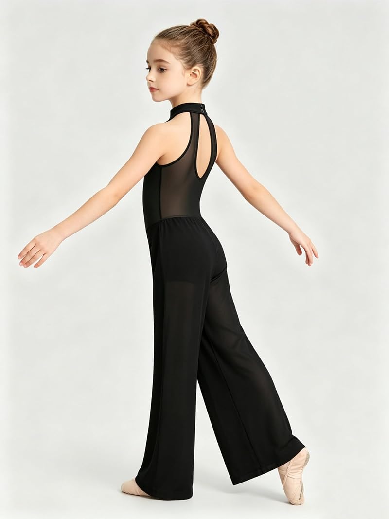 Girls Halter Keyhole Back Leotard Jumpsuit – Lyrical Dance Costume, Black 11-12 Years